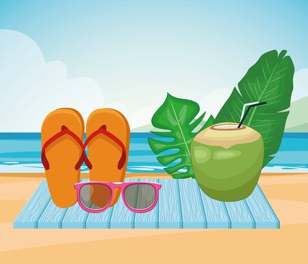 sandals, coconut drink and tropical leaves at the beach, colorful design , vector illustrationのイラスト素材