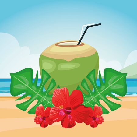 tropical flowers and leaves with coconut drink over beach background, colorful design , vector illustrationのイラスト素材