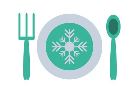 happy merry christmas dish with snowflake and cutlery vector illustration design