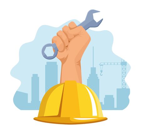 safety helmet and hand holding a wrench tool over white background, colorful design , vector illustrationのイラスト素材