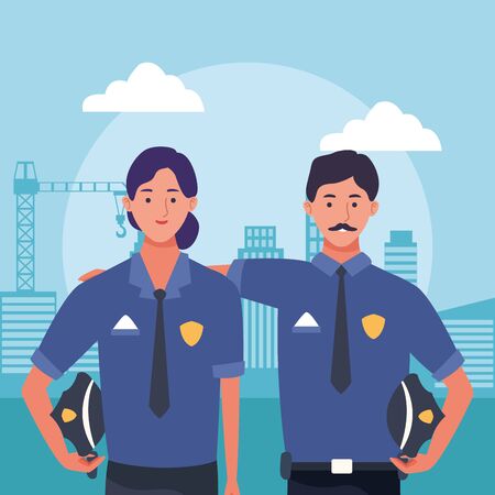 cartoon police man and woman over urban city buildings background, colorful design , vector illustrationのイラスト素材