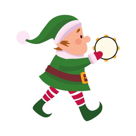 chirstmas elf playing a tambourine over white background, vector illustrationのイラスト素材