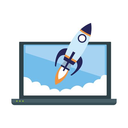 laptop computer and rocket icon over white background, vector illustrationのイラスト素材