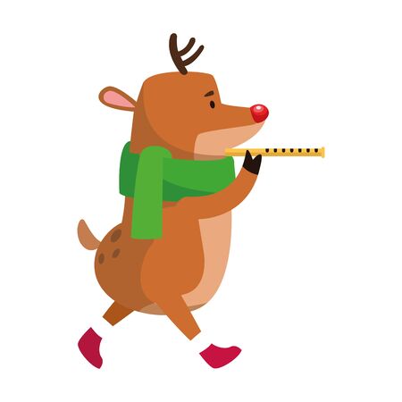 cute deer playing a flute icon over white background, vector illustrationのイラスト素材