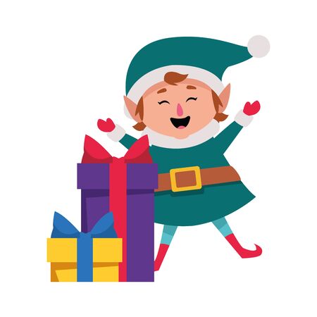 gift boxes and cartoon christmas elf over white background, vector illustrationのイラスト素材
