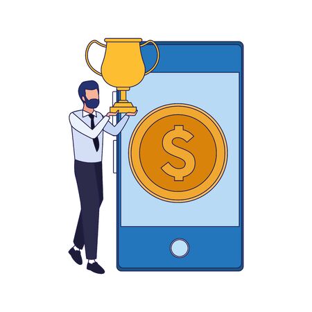 avatar businessman and big smartphone over white background, vector illustrationのイラスト素材