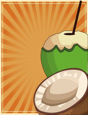 coconut drink and slice over retro background, colorful design , vector illustrationのイラスト素材