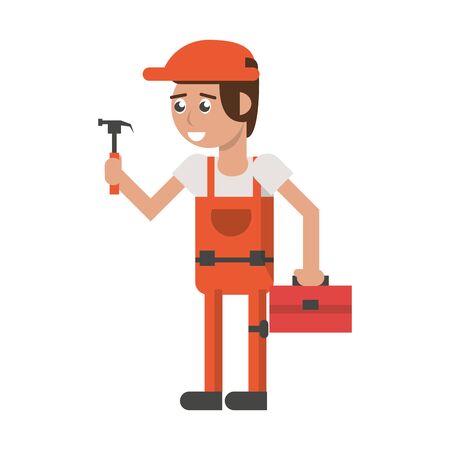 Construction worker smiling with toolbox and hammer cartoon isolated vector illustration graphic designのイラスト素材