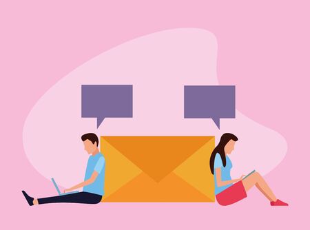 avatar man and woman using technology devices sitting around of envelope over pink background, colorful design , vector illustrationのイラスト素材