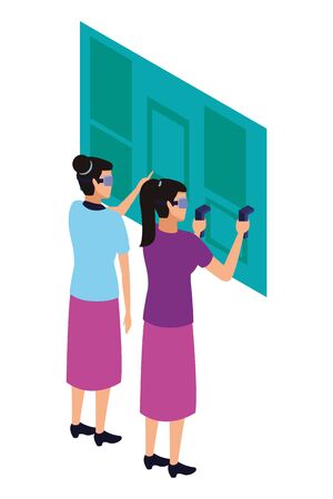 virtual reality technology, young women living a modern digital experience with headset glassesand joysticks cartoon vector illustration graphic designのイラスト素材