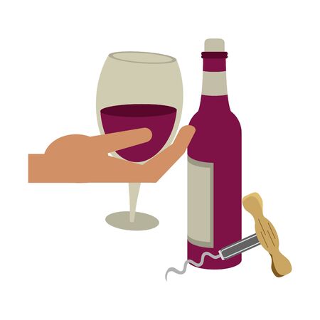 hand with a winglass and corkscrew utensil icon over white background, vector illustrationのイラスト素材