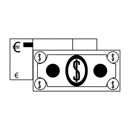 Money euro and dollar cash billets isolated in black and white vector illustrationのイラスト素材