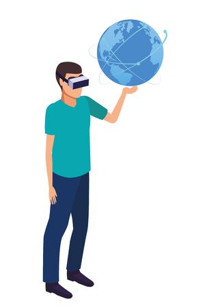 virtual reality technology, young man living a modern digital experience with headset glassestouching world map cartoon vector illustration graphic designのイラスト素材
