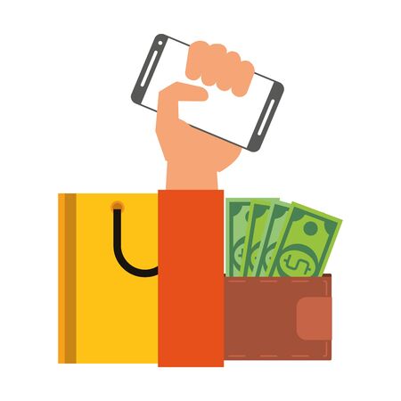 Online shopping and payment hand holding smartphone and shopping bags with money in wallet symbols vector illustration graphic designのイラスト素材