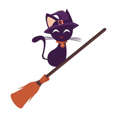 halloween cat with witch hat and broom vector illustration designのイラスト素材
