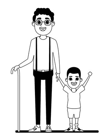 family avatar afroamerican grandfather with glasses and cane next to afroamerican boy profile picture cartoon character portrait in black and white vector illustration graphic designのイラスト素材