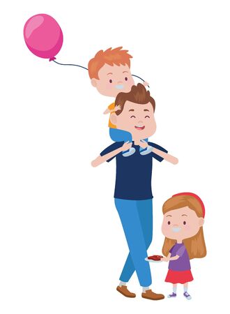 young father with kids and balloon helium vector illustration designのイラスト素材