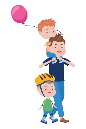 young father with sons and balloon helium vector illustration designのイラスト素材