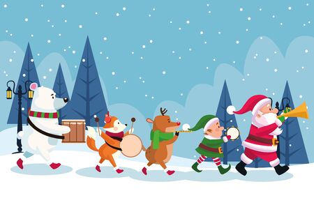 merry christmas card with characters playing instruments vector illustration designのイラスト素材