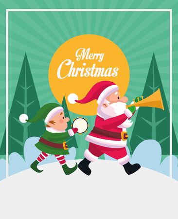 merry christmas card with santa claus and elf playing instruments vector illustrationのイラスト素材