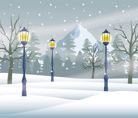 merry christmas card with snowscape scene with lamps vector illustration designのイラスト素材