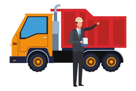 Construction worker with clipboard and cargo truck vector illustration graphic designのイラスト素材