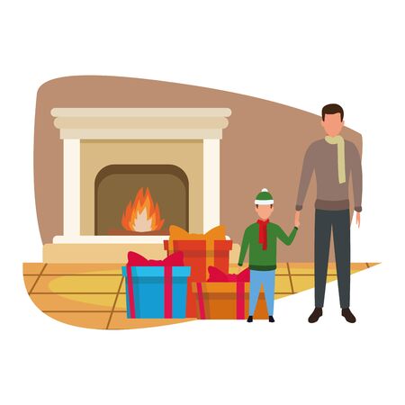 avatar father and son with winter clothes next to christmas gift boxes over chimney and white background, vector illustrationのイラスト素材