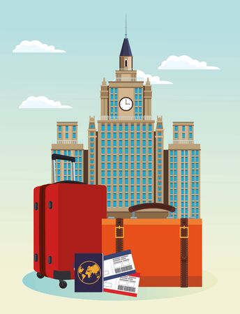 iconic city buildings and travel suitcases with passport and passboards over sky background, colorful design , vector illustrationのイラスト素材
