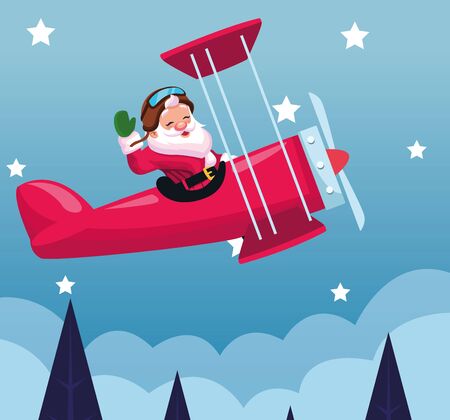 santa claus flying in a airplane over snowy night background, colorful design , vector illustrationのイラスト素材