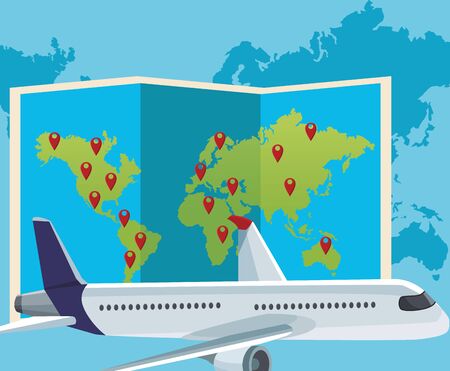 world map with location pins and airplane icon over blue world map background, colorful design , vector illustrationのイラスト素材