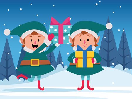 cartoon christmas elfs with gift boxes over winter night background, colorful design , vector illustrationのイラスト素材