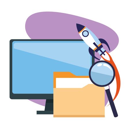 rocket and computer with folder and magnifying glass over purple and white background, colorful desgin , vector illustrationのイラスト素材