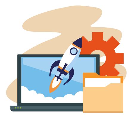 laptop computer and rocket with folder and gear wheel over white background, colorful design , vector illustrationのイラスト素材