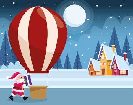 cartoon santa claus and hot air balloon over houses and winter night background, colorful design , vector illustrationのイラスト素材