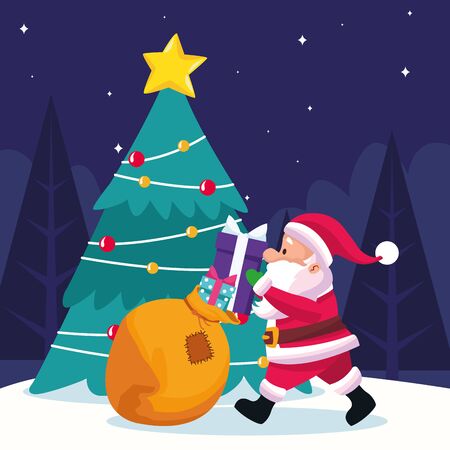 santa claus with gift boxes and christmas tree over snowy night background, colorful design , vector illustrationのイラスト素材