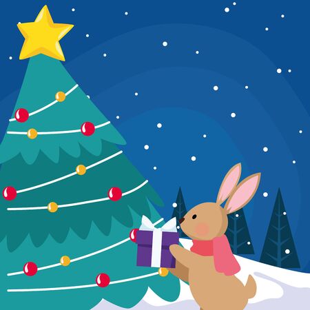 christmas tree with cute rabbit and gift box over snowy night background, colorful design , vector illustrationのイラスト素材