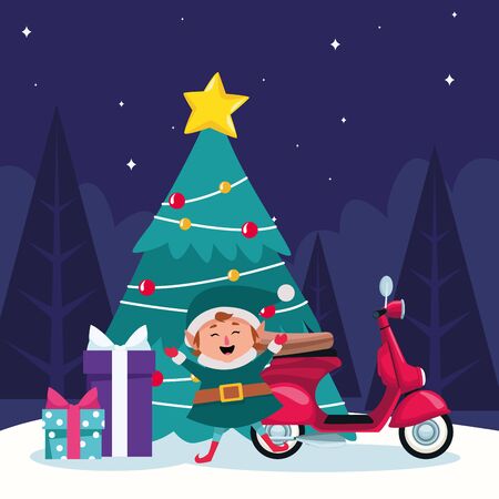 christmas tree with elf, motorcycle and gift bxoxes around over winter night background, colorful design , vector illustrationのイラスト素材