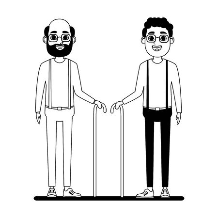 elderly people avatar afroamerican old man with glasses and cane and old man with beard, glasses and cane profile picture cartoon character portrait in black and white vector illustration graphic designのイラスト素材
