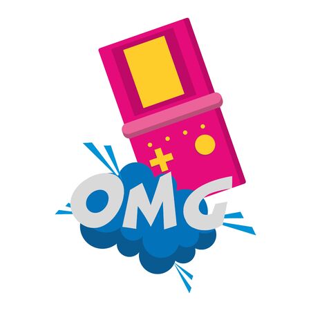 retro portable videogame with omg word in pop art style over white background, vector illustrationのイラスト素材
