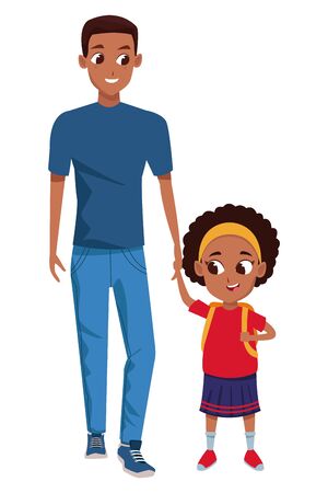 Family single father with children with school backpack cartoon isolated vector illustration graphic designのイラスト素材