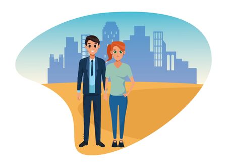 Young executive man and woman couple smiling and greeting cartoon in the city urban scenery vector illustration graphic design.のイラスト素材