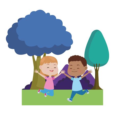 Happy kids boy and girl smiling and playing in the nature with trees and bushes ,vector illustration graphic design.のイラスト素材