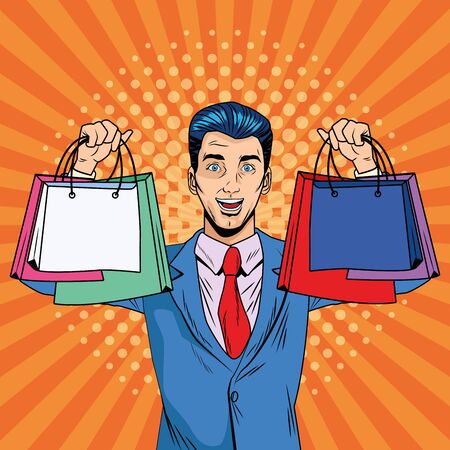 elegant businessman with shopping bags pop art style vector illustration designのイラスト素材