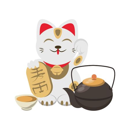 Maneki neko cat and cast iron teapot icon over white background, vector illustrationのイラスト素材