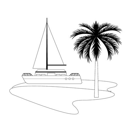 cruise boat at sea and palms over white background, vector illustrationのイラスト素材
