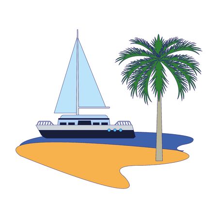 cruise boat at sea and palms over white background, vector illustrationのイラスト素材