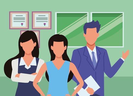 Group of business partners with business and symbols, executive entrepreneur teamwork inside office building scenery ,vector illustration graphic design.のイラスト素材