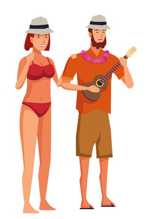Young couple enjoying summer in swimsuit playing guitarのイラスト素材