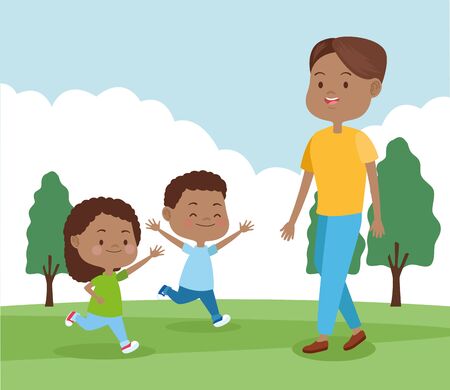 happy father playing with his kids in the park, colorful design , vector illustrationのイラスト素材