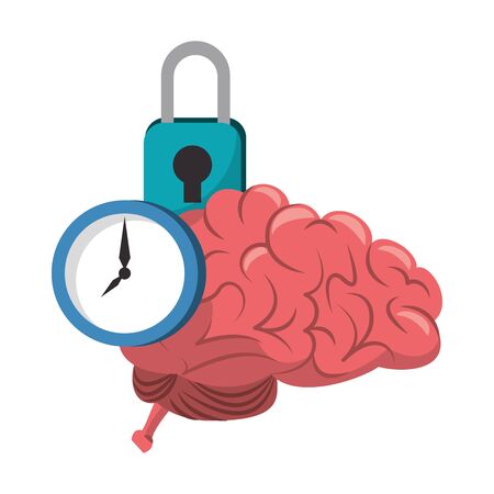 Brain and clock time with padlock cartoons vector illustration graphic designのイラスト素材